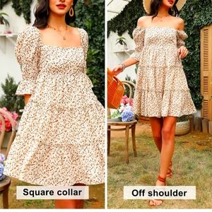 EXLURA Women‘s Tie Back Square Neck Dresses Puff Elbow Sleeve Off Shoulder Tiere